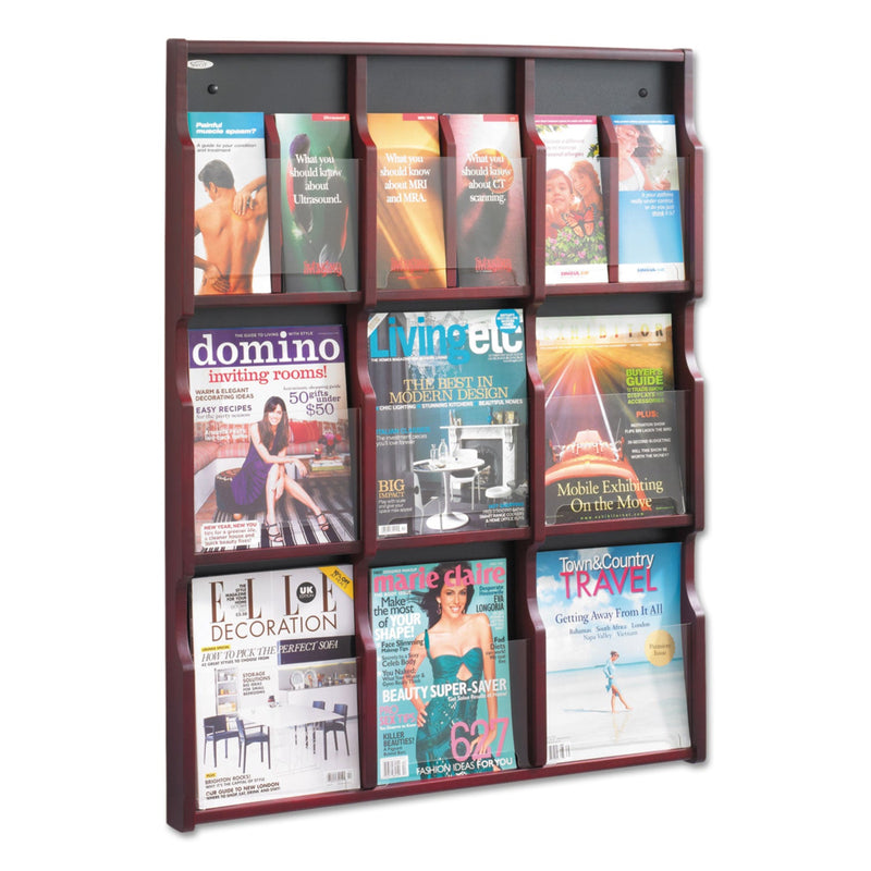 Safco Expose Adjustable Magazine/Pamphlet 9 Pocket Display, 29.75w x 2.5d x 38.25h, Mahogany