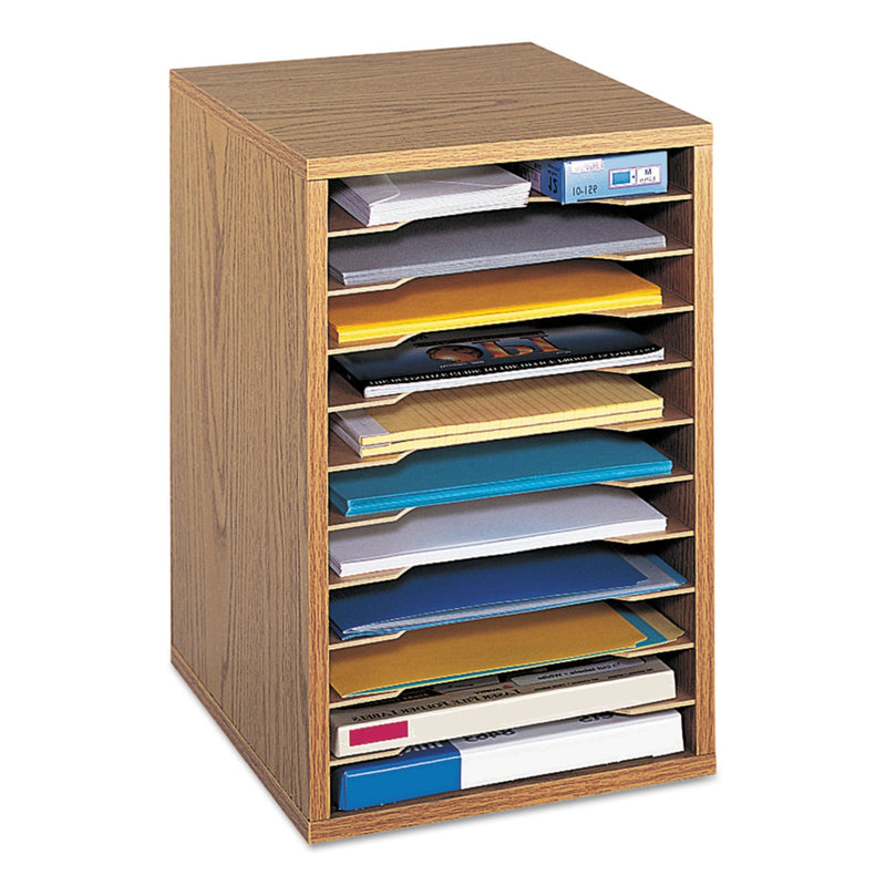 Safco Wood Vertical Desktop Sorter, 11 Compartments, 10.63 x 11.88 x 16, Medium Oak