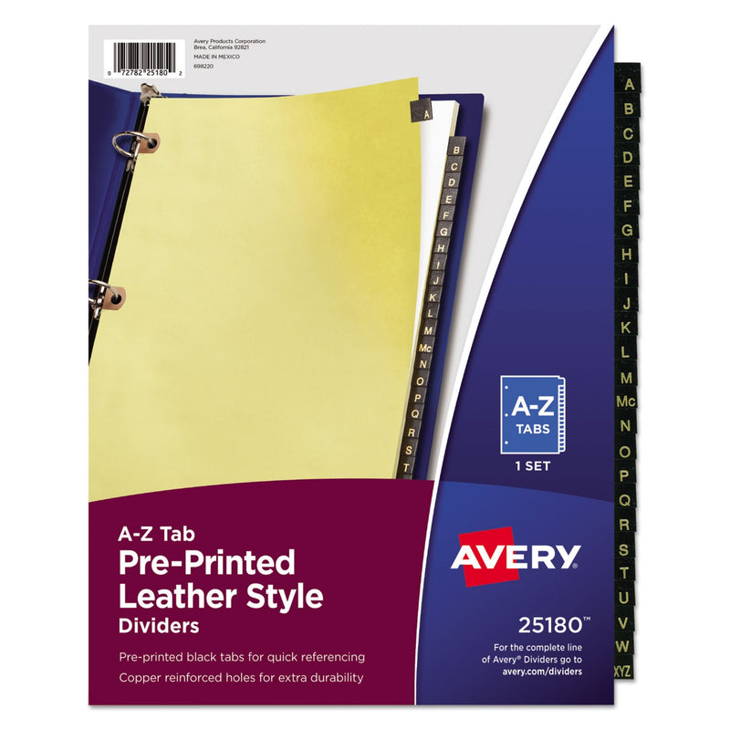 Avery Preprinted Black Leather Tab Dividers w/Copper Reinforced Holes, 25-Tab, A to Z, 11 x 8.5, Buff, 1 Set