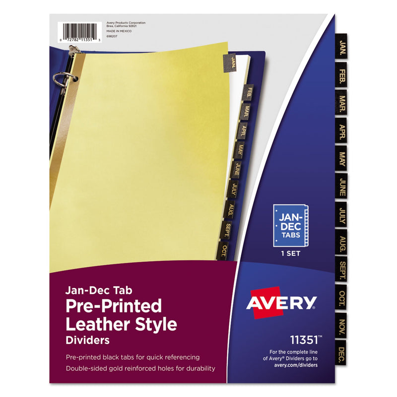 Avery Preprinted Black Leather Tab Dividers w/Gold Reinforced Edge, 12-Tab, Jan. to Dec., 11 x 8.5, Buff, 1 Set