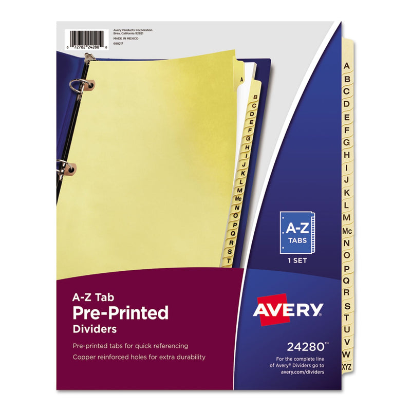 Avery Preprinted Laminated Tab Dividers with Copper Reinforced Holes, 25-Tab, A to Z, 11 x 8.5, Buff, 1 Set