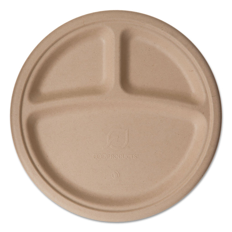 Eco-Products Wheat Straw Dinnerware, 3-Compartment Plate, 10" dia, 500/Carton