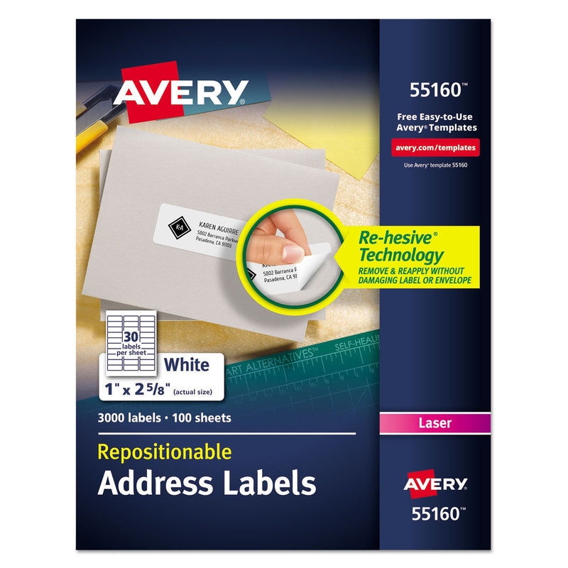 Avery Repositionable Address Labels w/SureFeed, Laser, 1 x 2.63, White, 3000/Box
