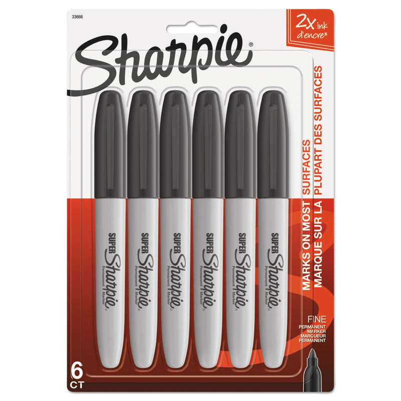 Sharpie Super Permanent Marker, Fine Bullet Tip, Black, 6/Pack