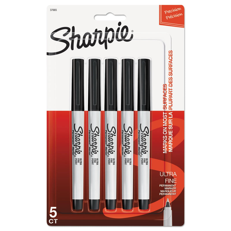 Sharpie Ultra Fine Tip Permanent Marker, Extra-Fine Needle Tip, Black, 5/Pack