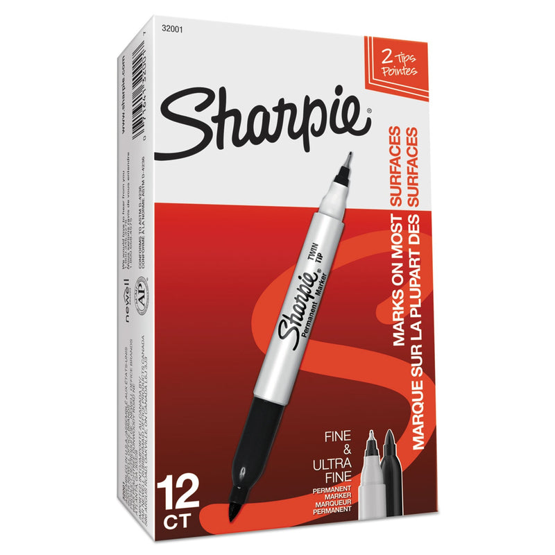 Sharpie Twin-Tip Permanent Marker, Extra-Fine/Fine Bullet Tips, Black, Dozen