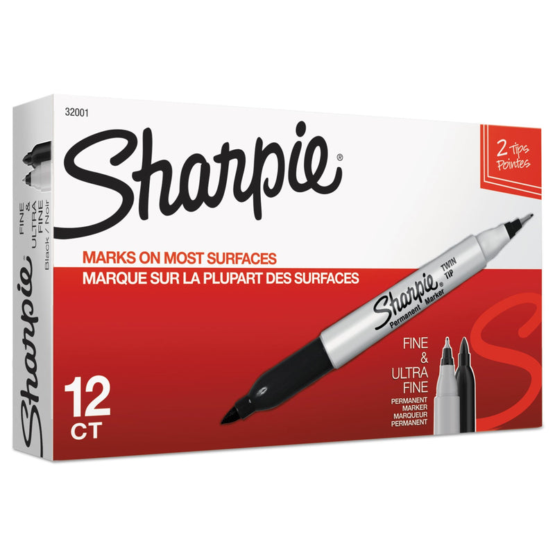 Sharpie Twin-Tip Permanent Marker, Extra-Fine/Fine Bullet Tips, Black, Dozen
