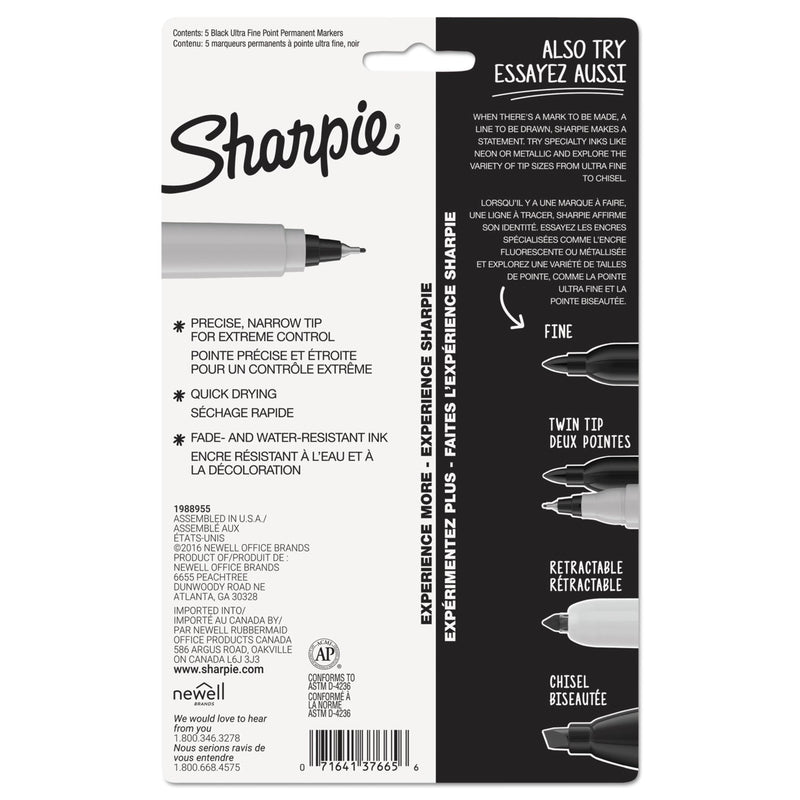Sharpie Ultra Fine Tip Permanent Marker, Extra-Fine Needle Tip, Black, 5/Pack
