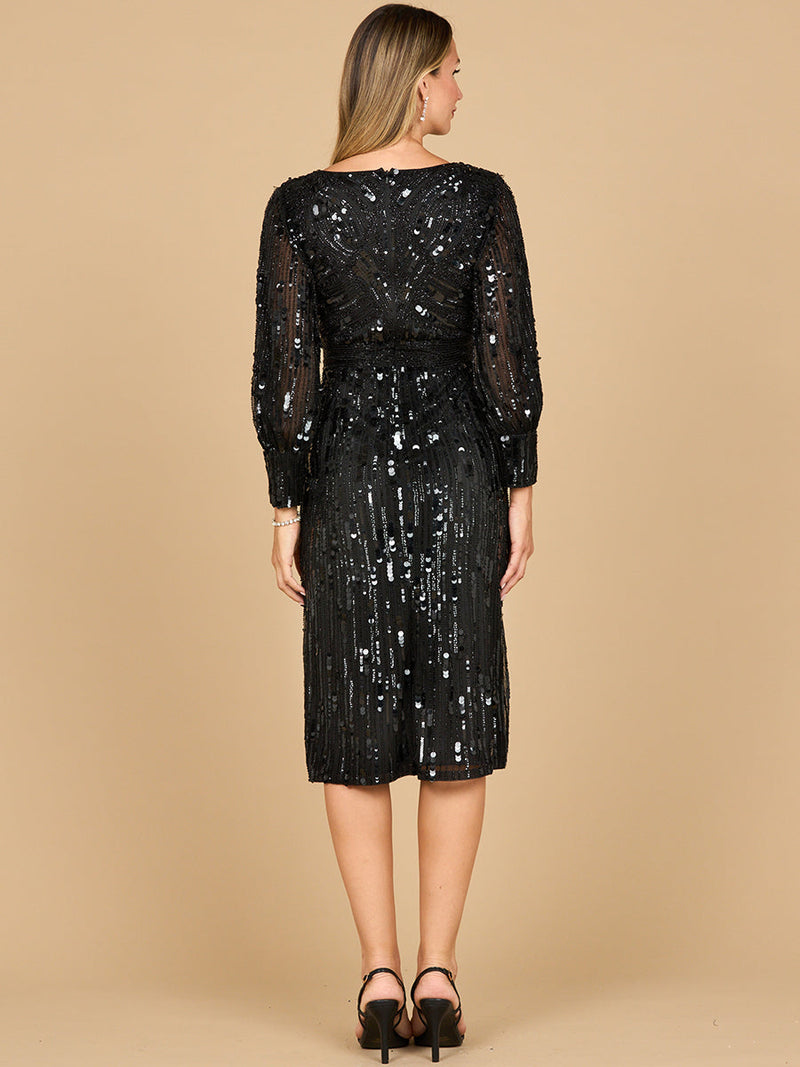 Lara 28855 - Beaded A-line Midi Dress with Long Sleeves