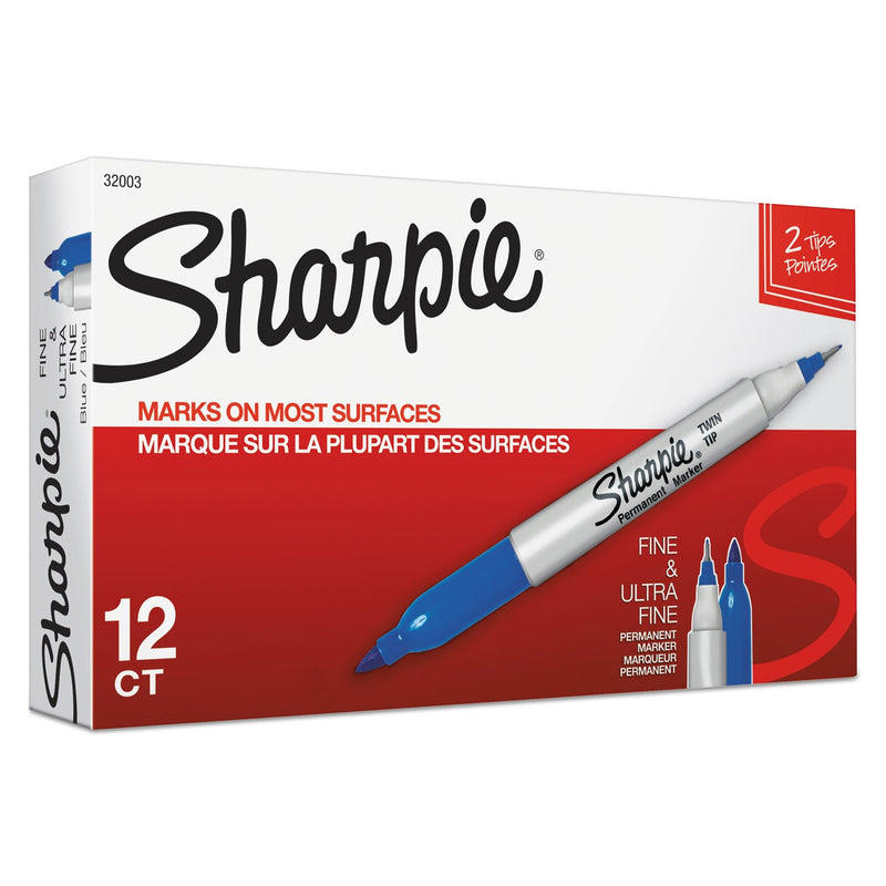 Sharpie Twin-Tip Permanent Marker, Extra-Fine/Fine Bullet Tips, Blue, Dozen