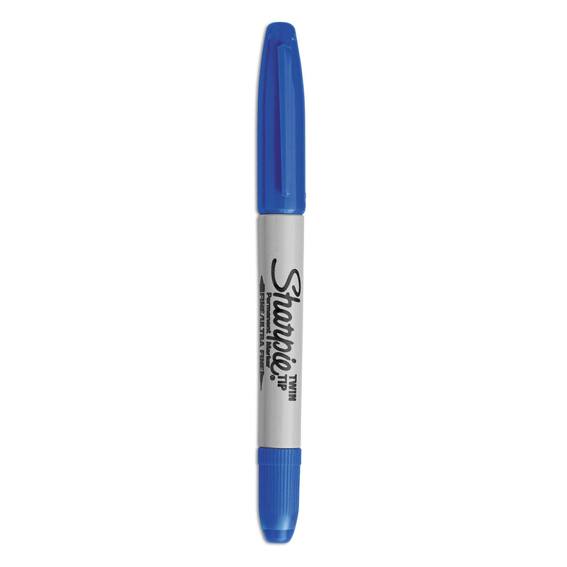 Sharpie Twin-Tip Permanent Marker, Extra-Fine/Fine Bullet Tips, Blue, Dozen