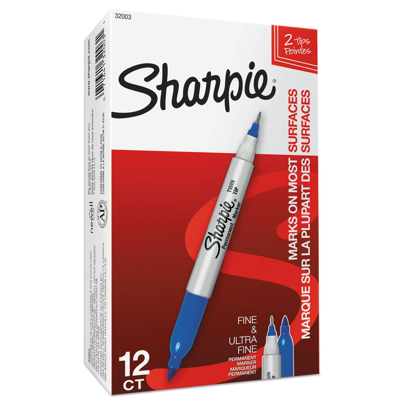 Sharpie Twin-Tip Permanent Marker, Extra-Fine/Fine Bullet Tips, Blue, Dozen