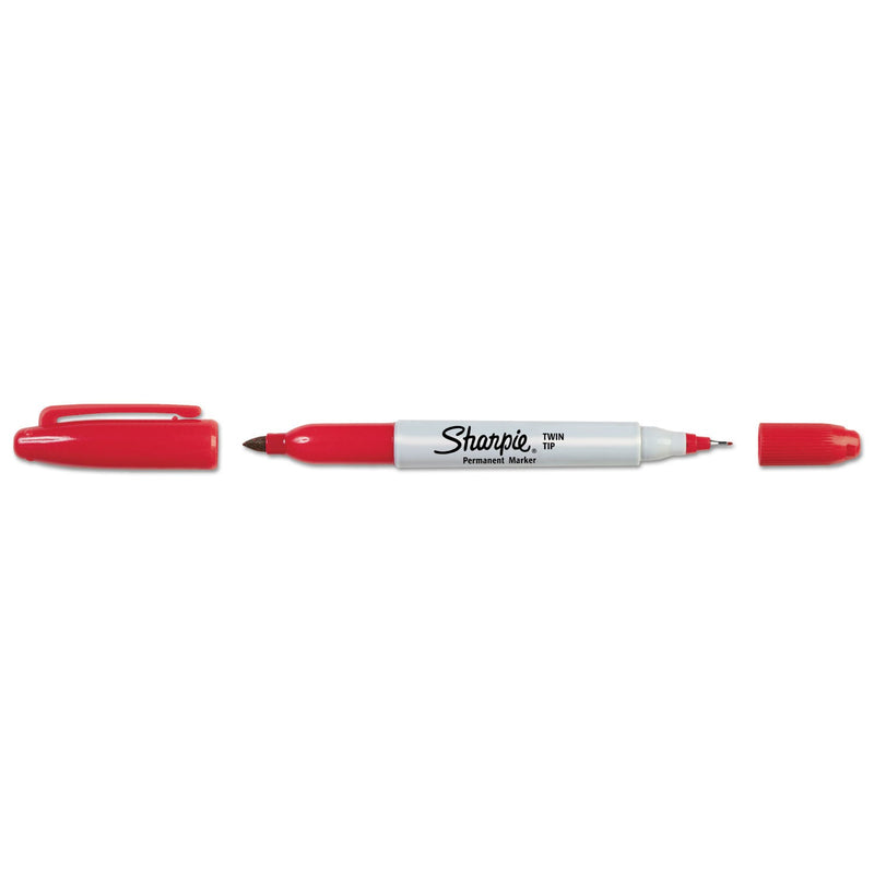 Sharpie Twin-Tip Permanent Marker, Extra-Fine/Fine Bullet Tips, Red, Dozen