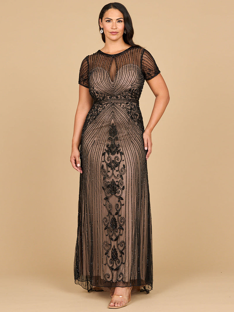 Lara 28869 - Beaded Cap Sleeve Illusion Plunge Gown