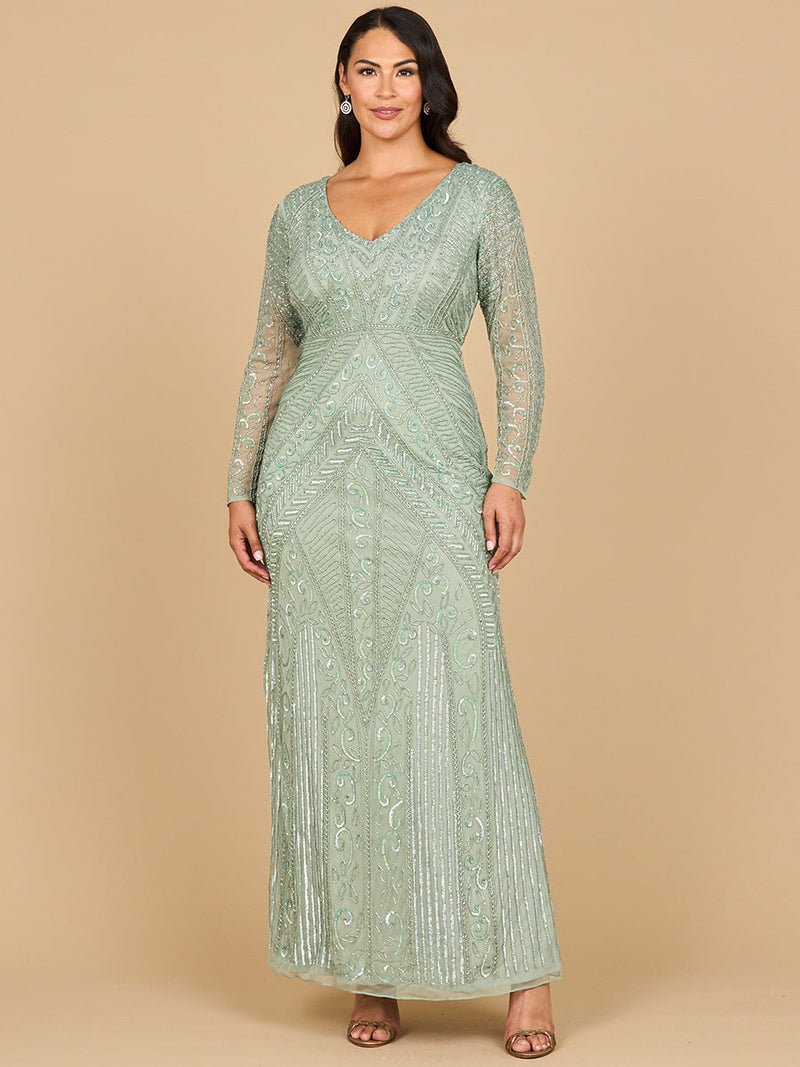 Lara 28875-  Long Sleeve Geometric Beaded Gown