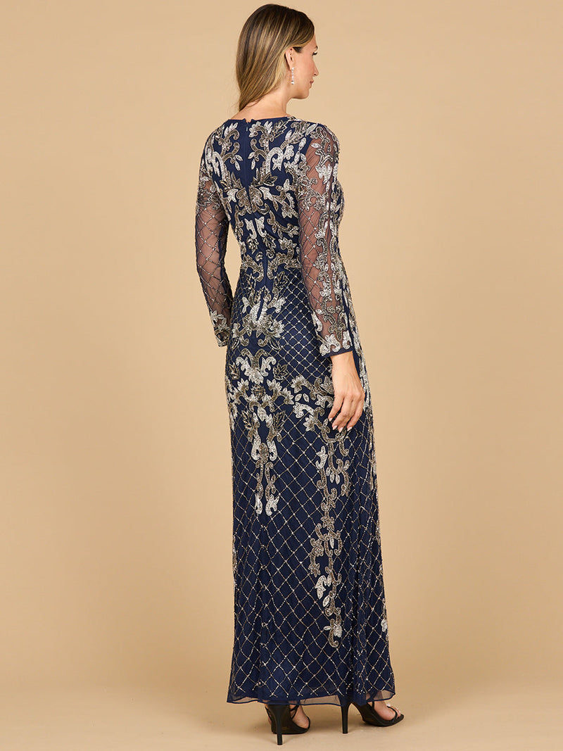 Lara 28877-  Long Sleeve Contrast Beaded Gown