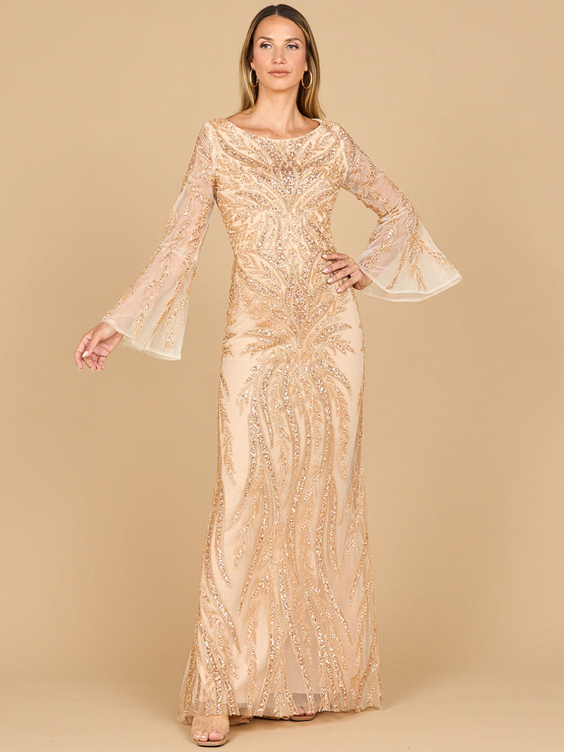 Lara 28887 - High Neck Beaded Dress with Bell Sleeves