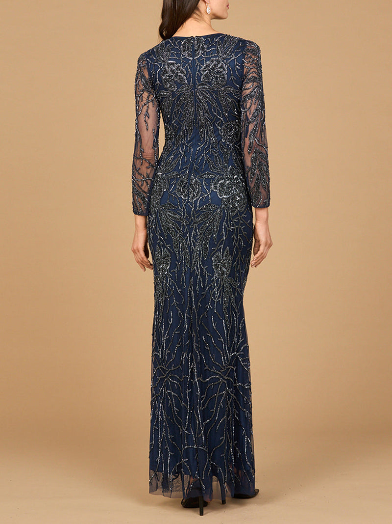 High Neck, Long Sleeve Beaded Gown