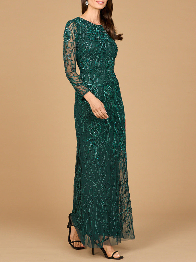 High Neck, Long Sleeve Beaded Gown