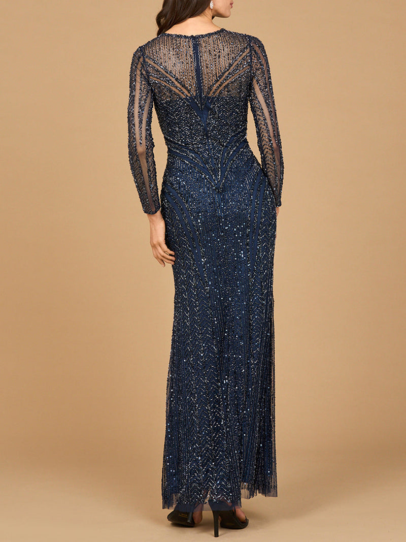 Illusion Neck, Long Sleeve Beaded Gown