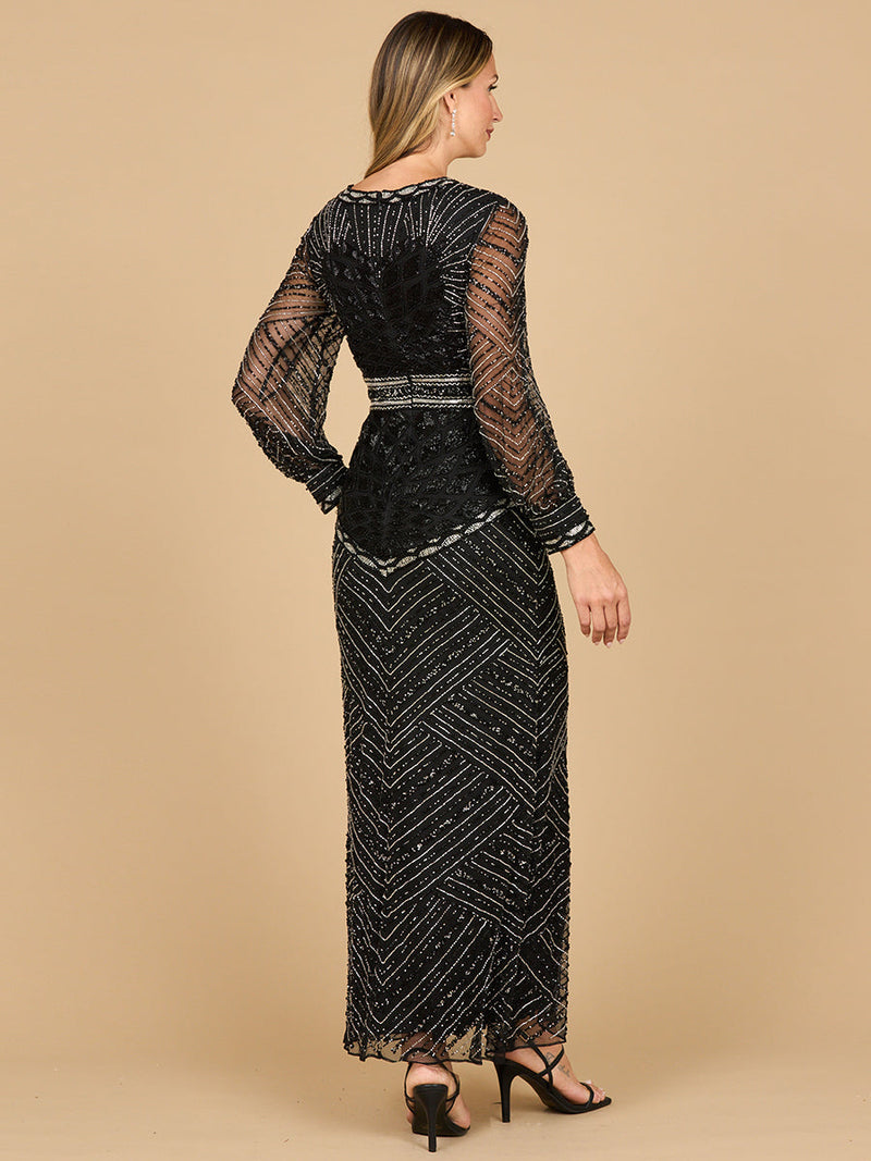 V Neck Beaded Long Sleeve Dress