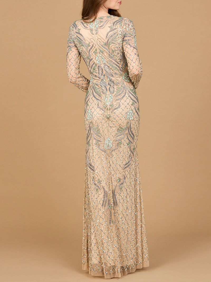 Long Sleeve Beaded Gown