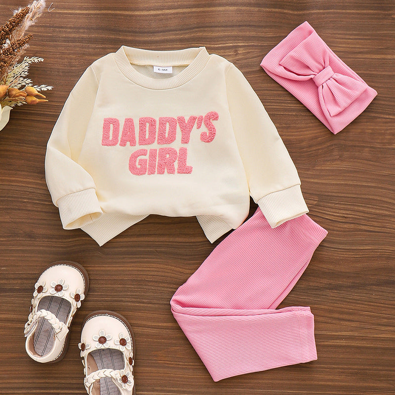 Cute Letter Print Sweatshirt And Pants Set With Bow Hairband For Little Girls