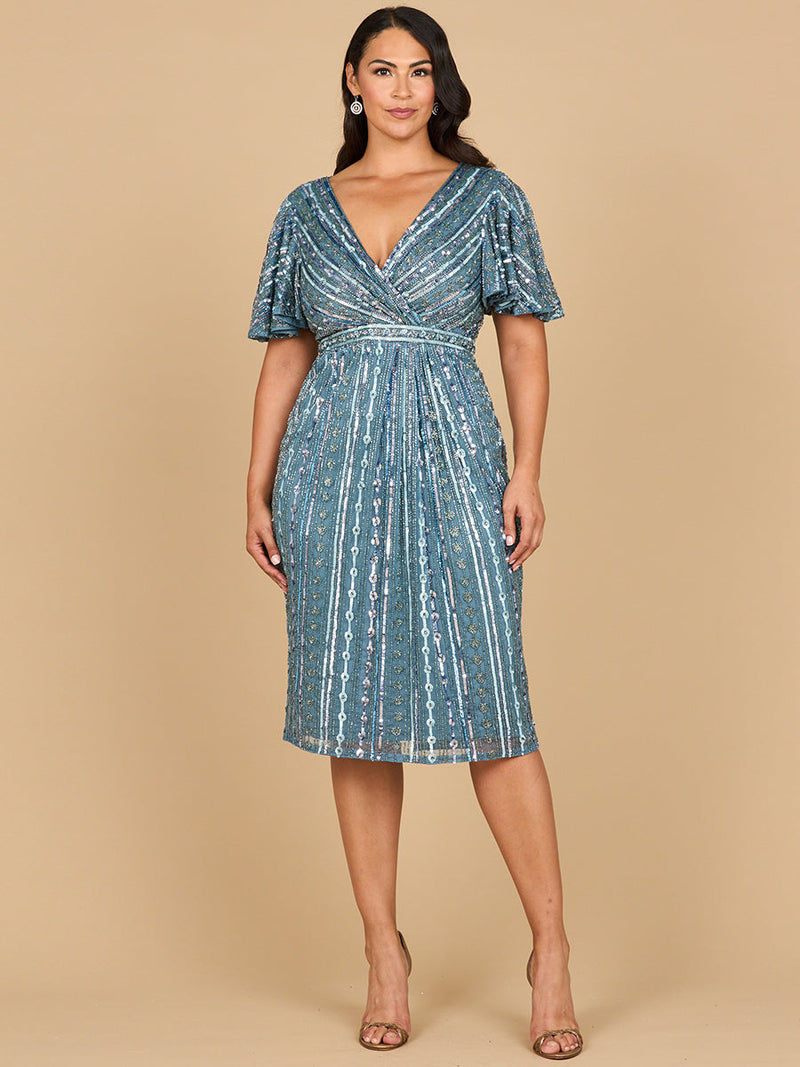 Beaded Midi Dress with Flutter Sleeves