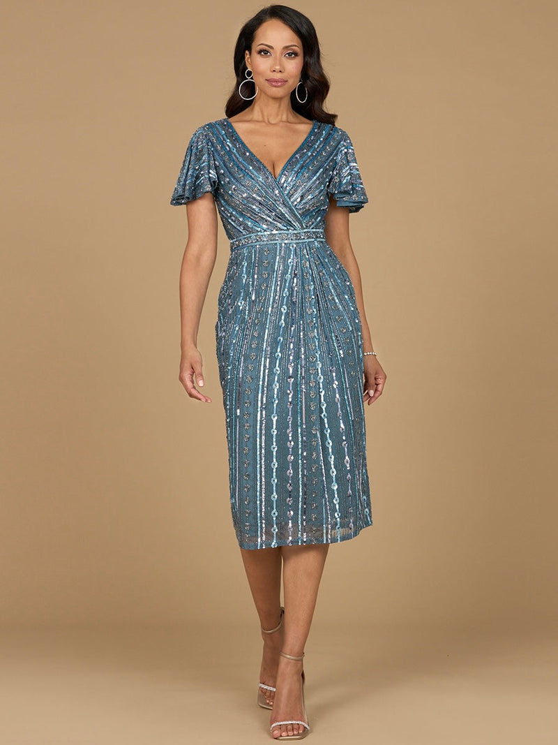 Beaded Midi Dress with Flutter Sleeves