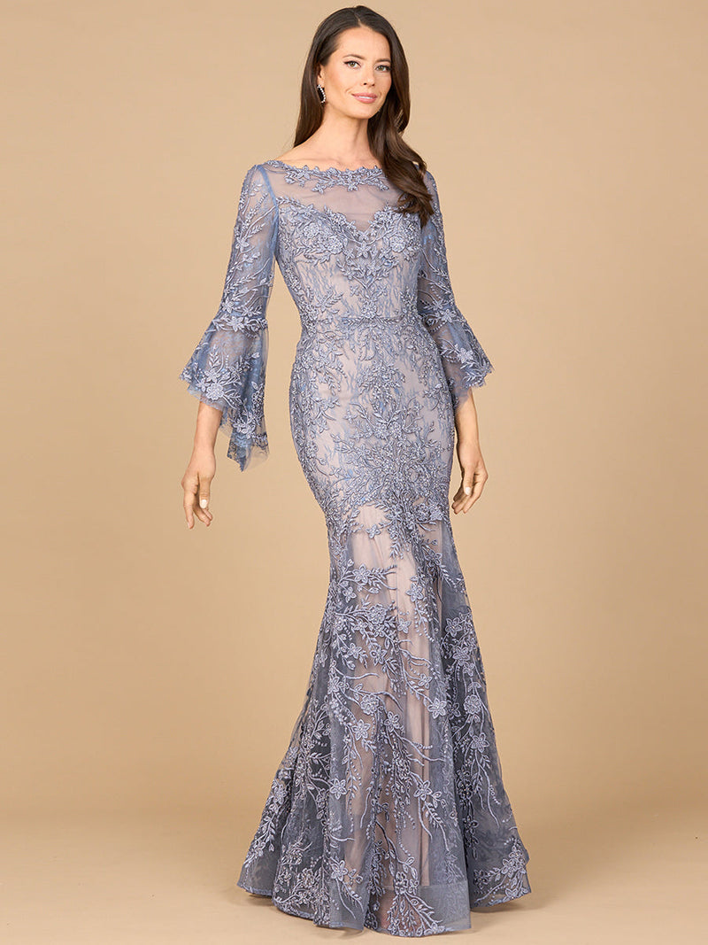 Illusion Neck, Long Bell Sleeve Gown