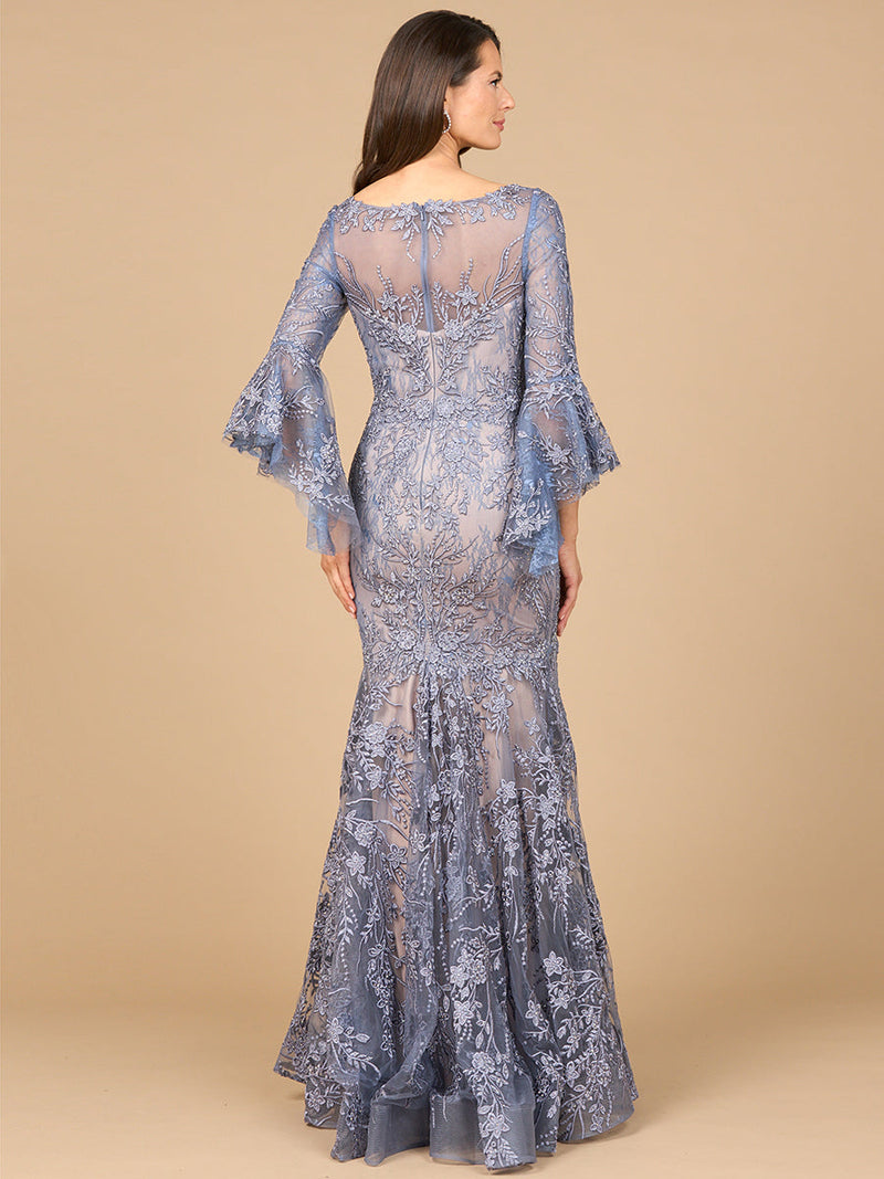 Illusion Neck, Long Bell Sleeve Gown