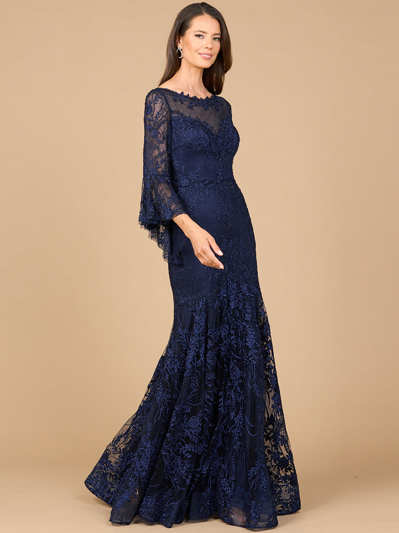 Illusion Neck, Long Bell Sleeve Gown