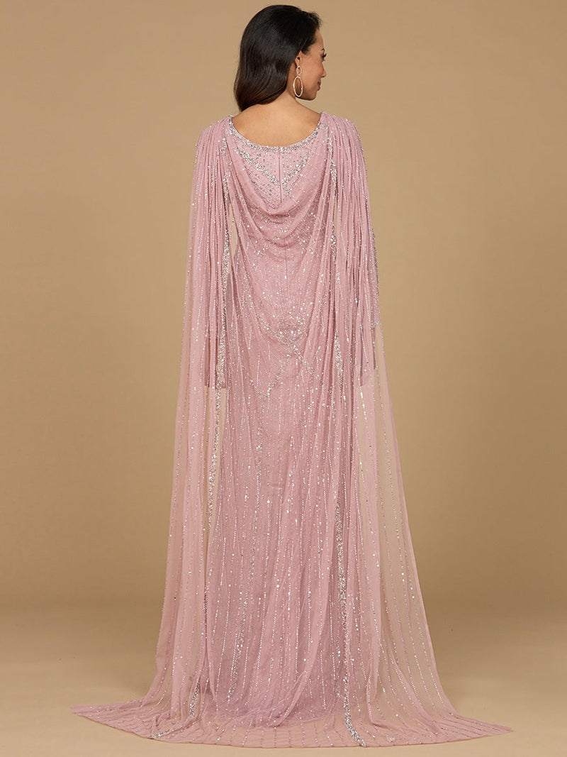 Long Sleeve Beaded Gown with Cape