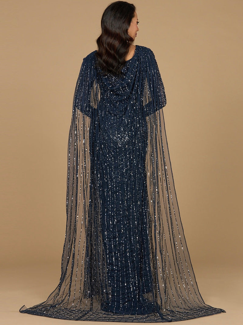 Long Sleeve Beaded Gown with Cape