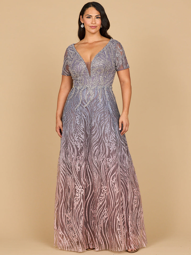 Lara 28961 - Short Sleeve V-Neck Beaded Ballgown