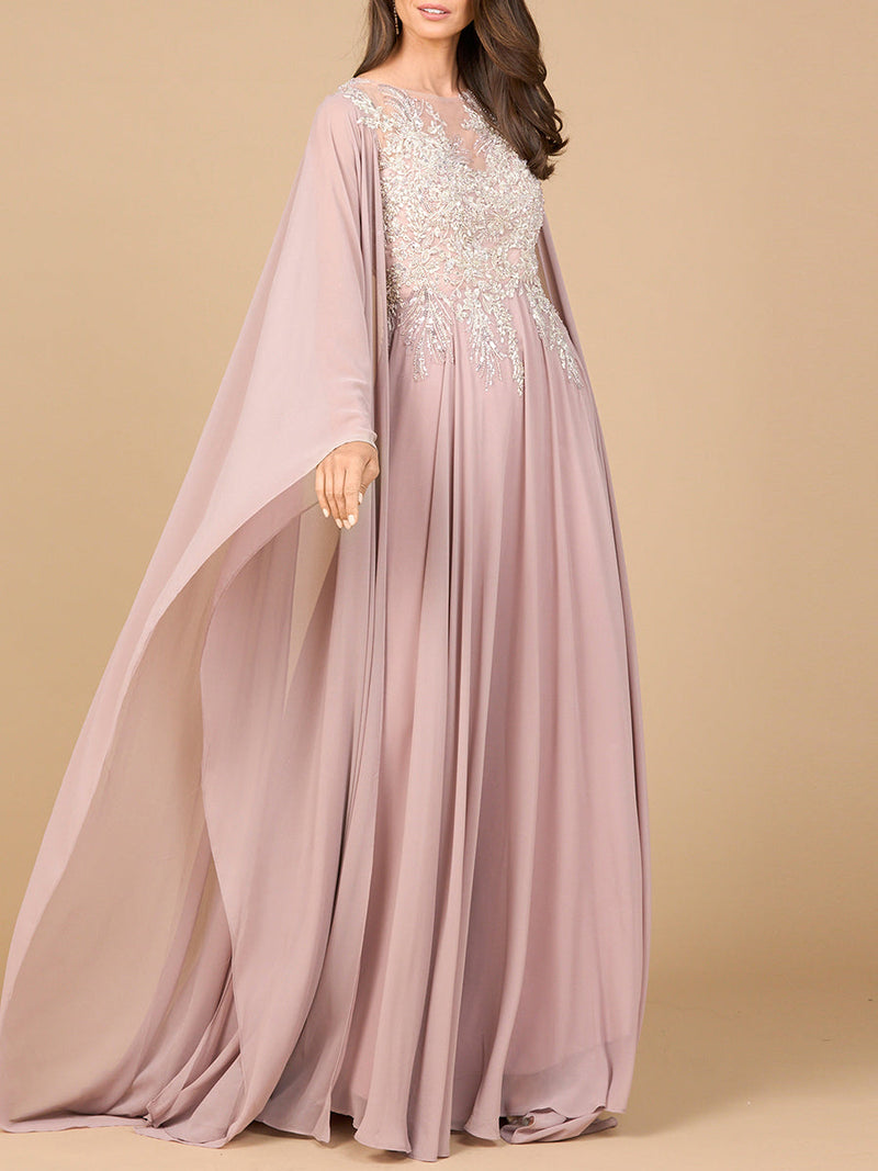 Chiffon A-line Long Gown with Cape Sleeves