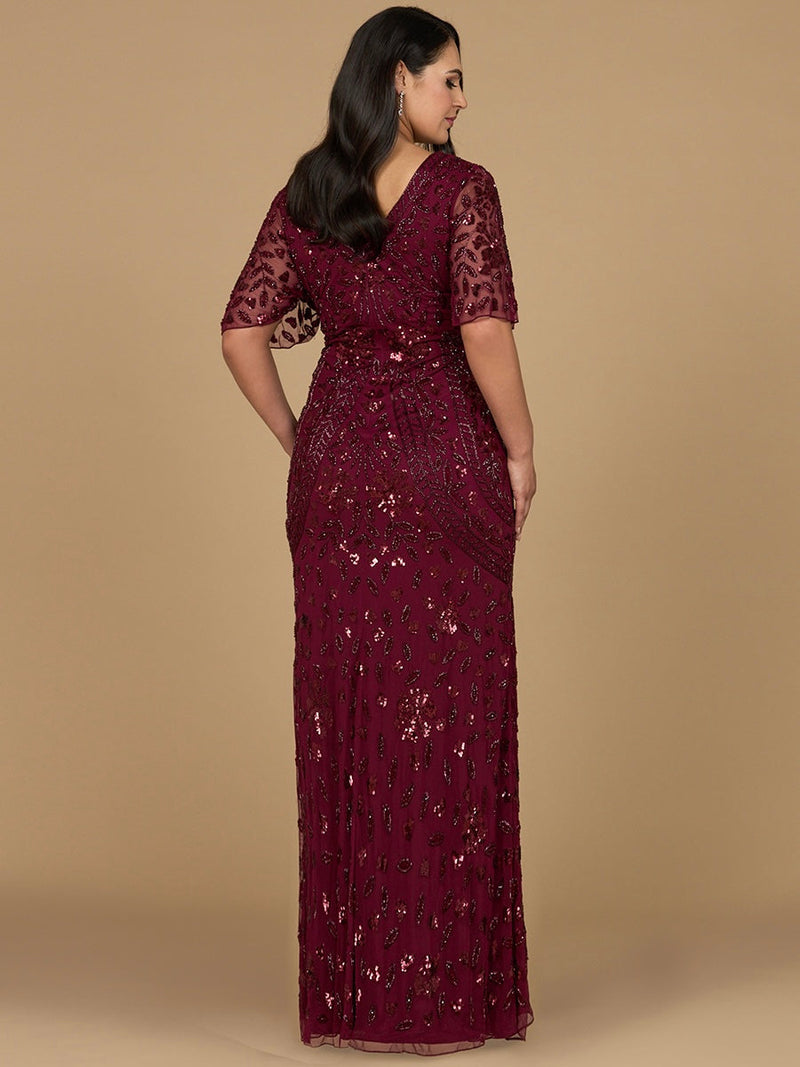 V-Neck, Cape Sleeve Beaded Gown