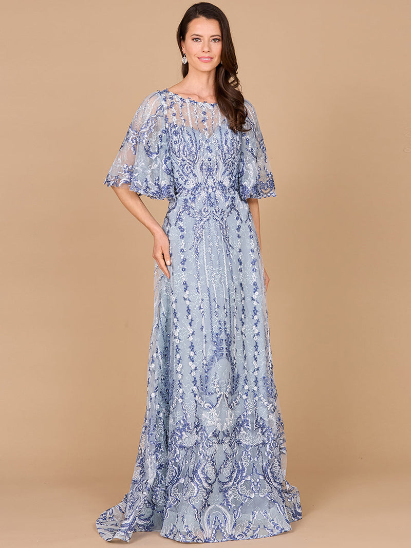 Embroidered, Cape Sleeve A-line Gown