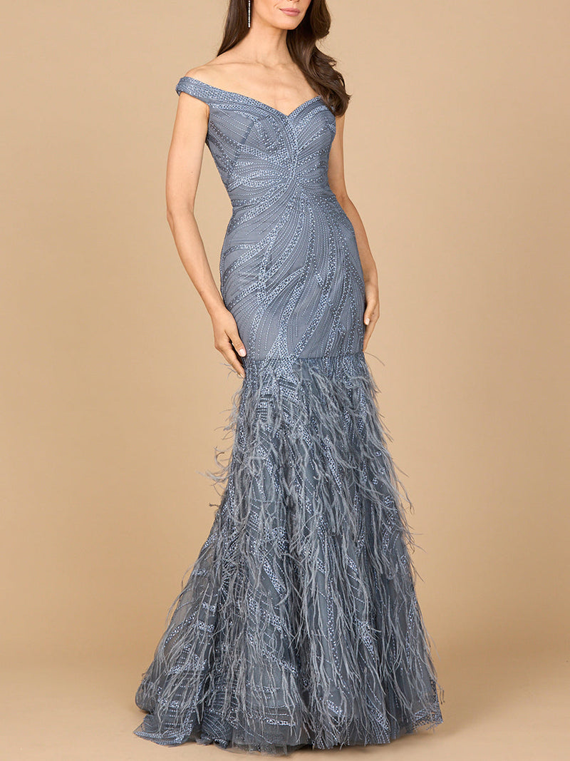 Off Shoulder Mermaid Beaded Gown with Feathers