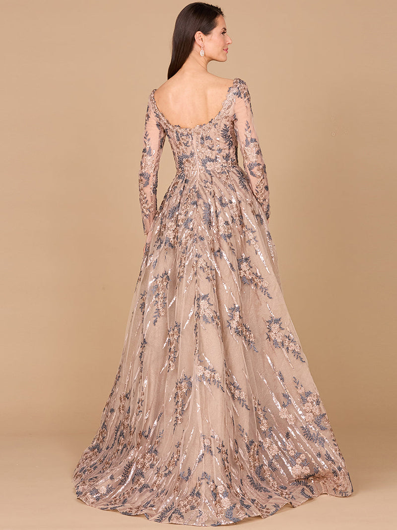 Long Sleeve Lace Gown with Overskirt