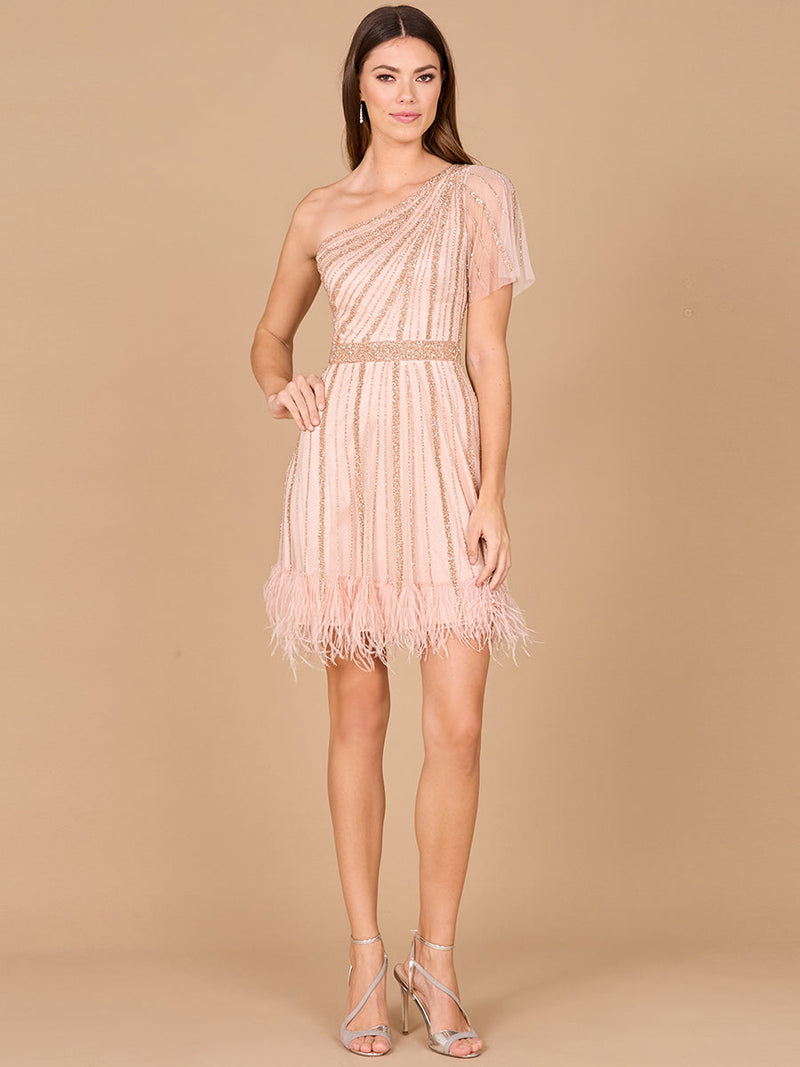 One Shoulder Cocktail Dress with Feathers