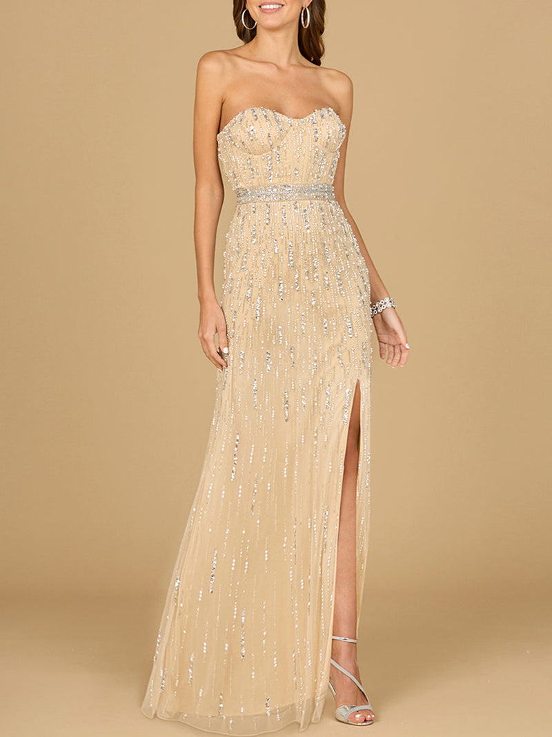 Strapless Beaded Gown with Slit  - OUTLET