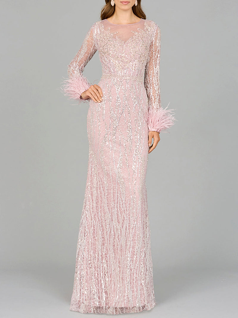 Long Sleeve Sheath Gown with Feathers