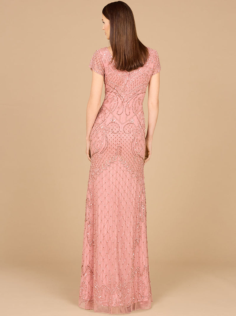 Beaded Cap Sleeve Gown With V-Neckline - OUTLET