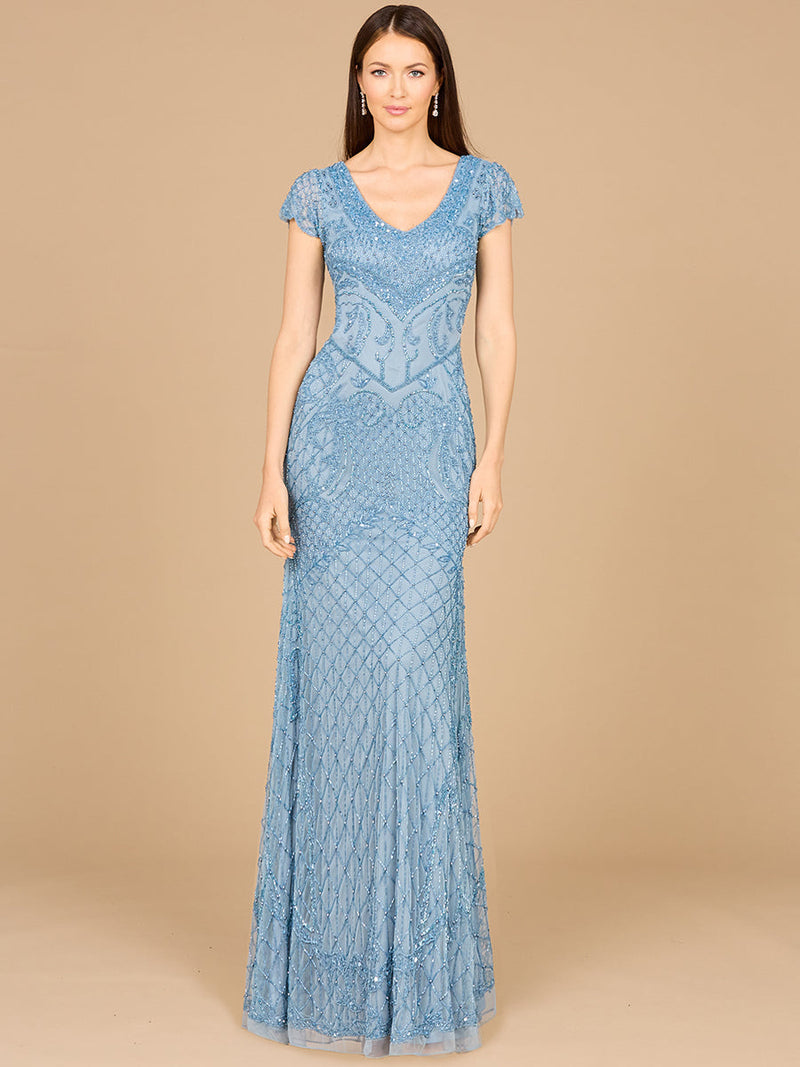 Beaded Cap Sleeve Gown With V-Neckline - OUTLET