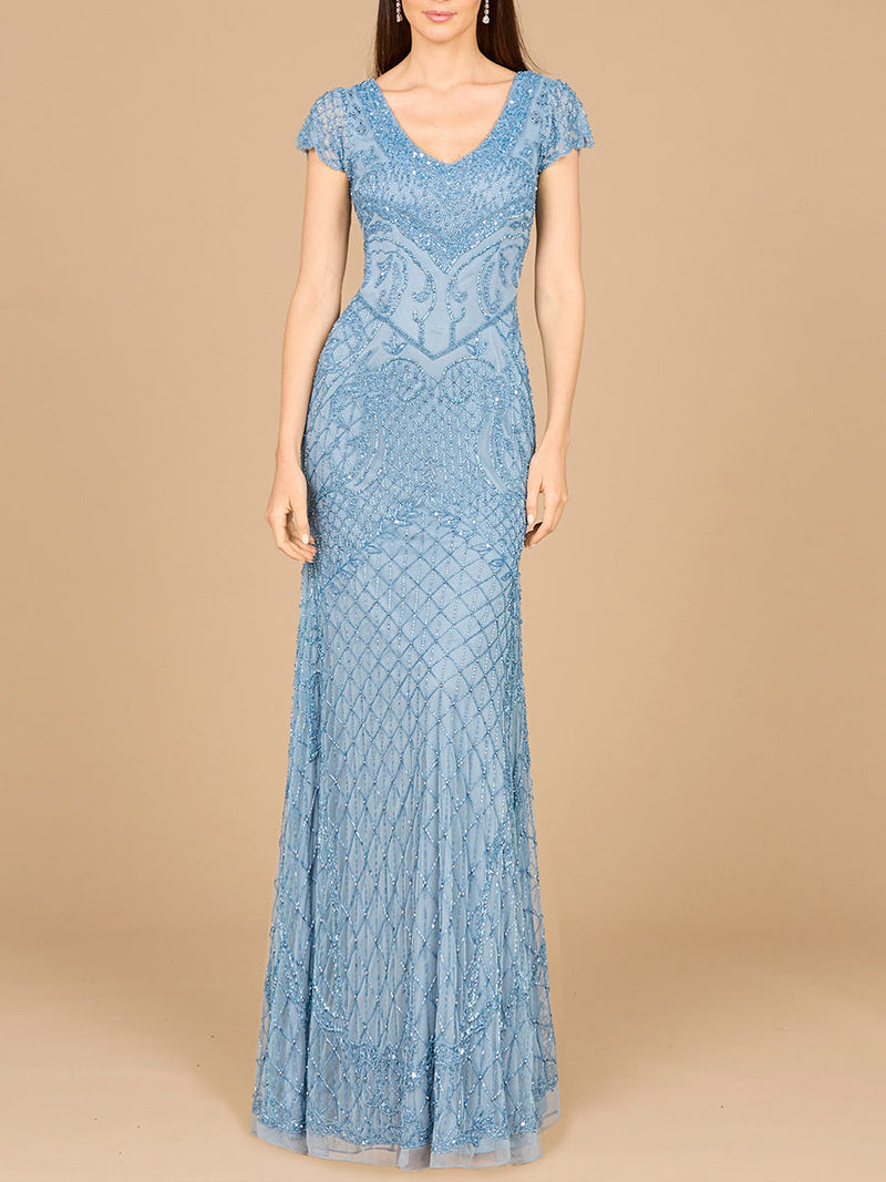 Beaded Cap Sleeve Gown With V-Neckline - OUTLET