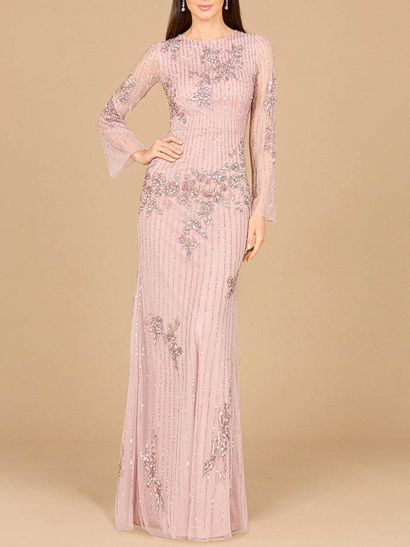 Long Sleeve, High Neck Beaded Gown - OUTLET
