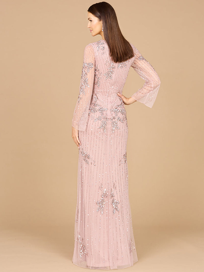 Long Sleeve, High Neck Beaded Gown - OUTLET