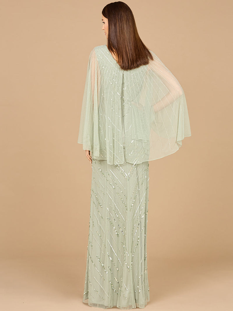 Long Cape Sleeves Beaded Dress  - OUTLET