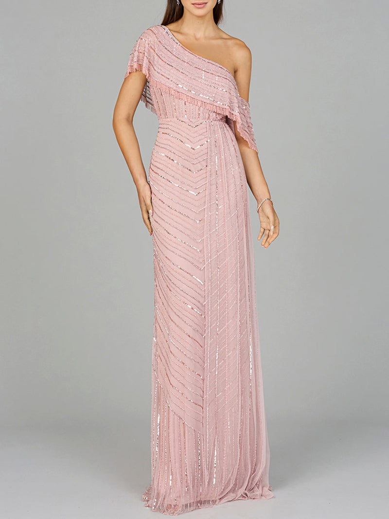 Off Shoulder Sheath Beaded Gown